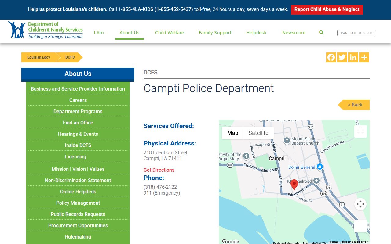 Louisiana government directory entry for Campti Police