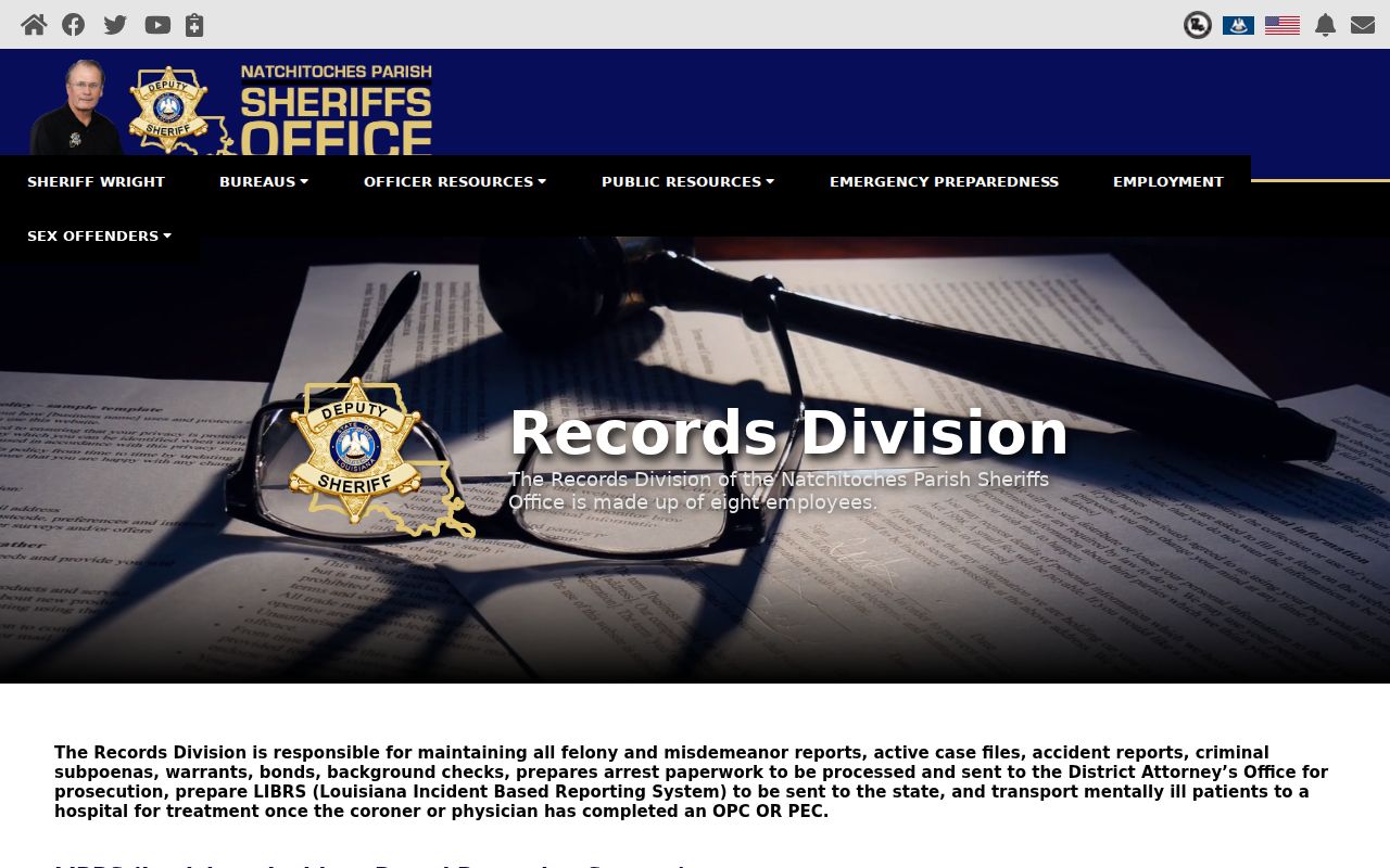 Natchitoches Parish Sheriff Records Division arrest and warrant services