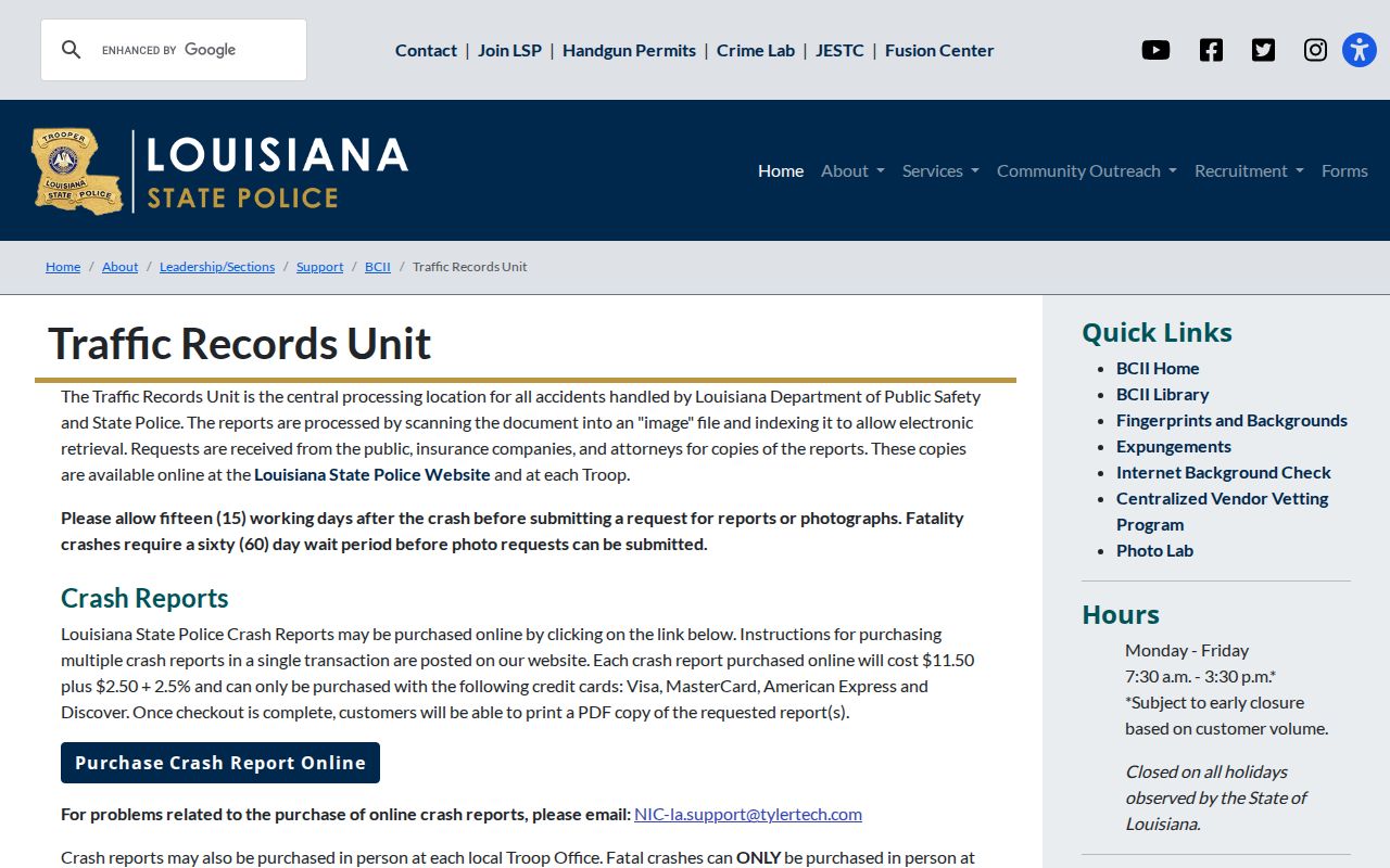 Louisiana State Police traffic records and criminal identification services