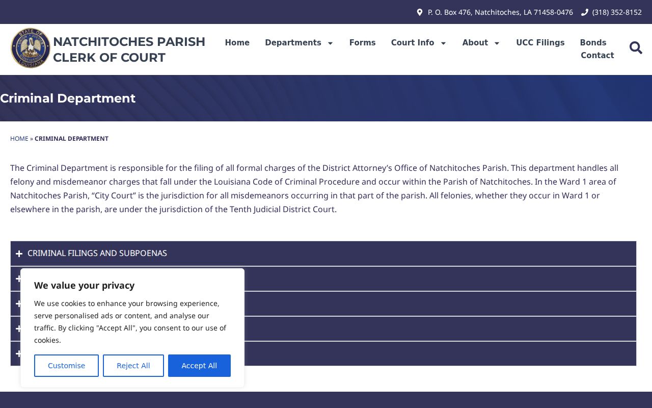 Natchitoches Parish Clerk Criminal Department search and copy information