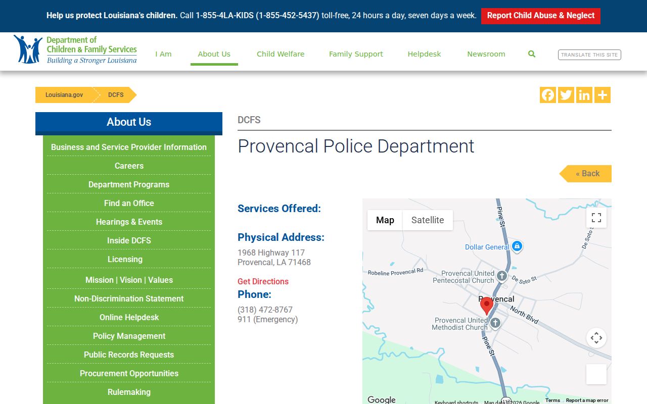 Louisiana government directory listing for Provencal
